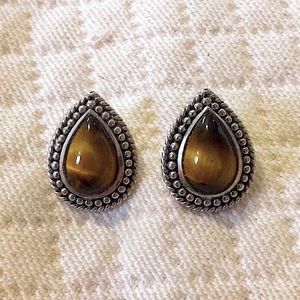 Sterling Silver Tigers Eye Teardrop Earrings With Rope and Granulated Design